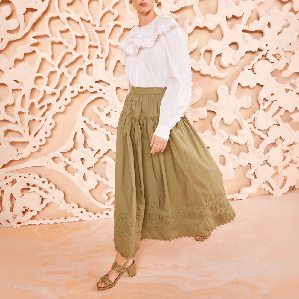 Ulla Johnson Harlow A-Line Midi Skirt in Lichen Green ULLA JOHNSON Designer fashion shop online and in store High End fashion boutique Sydney Australia Riada Concept