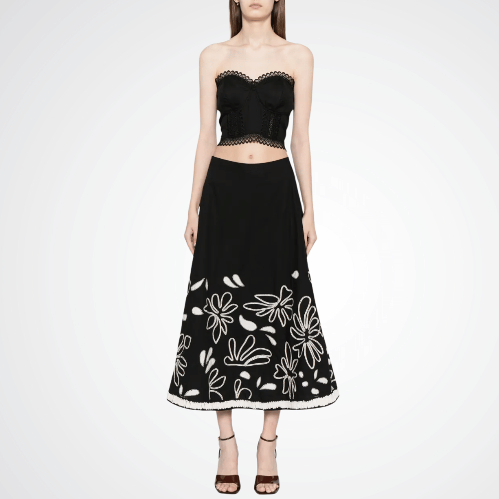 Ulla Johnson Layla Embroidered Midi Skirt in Black ULLA JOHNSON Designer fashion shop online and in store High End fashion boutique Sydney Australia Riada Concept