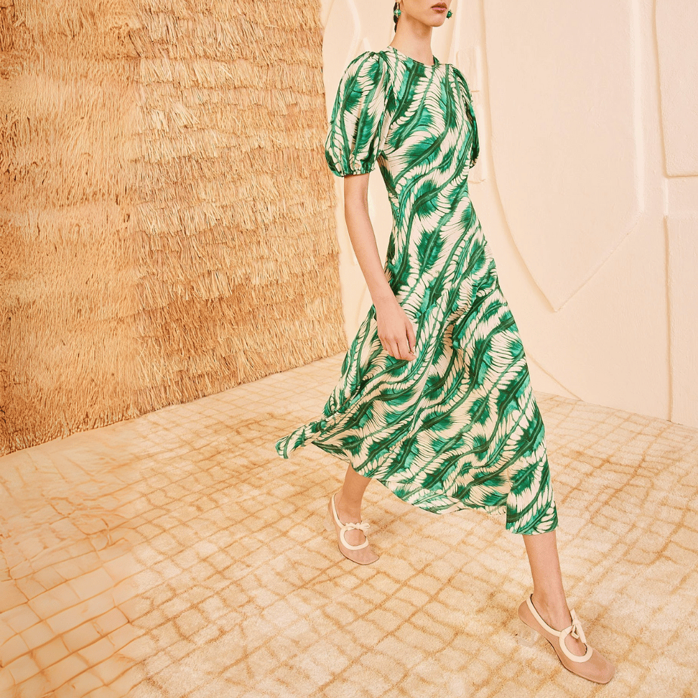 Ulla Johnson Ines Puff Sleeve Round Neck Midi Dress in Green and Cream Shibori Wave Print ULLA JOHNSON Designer fashion shop online and in store High End fashion boutique Sydney Australia Riada Concept