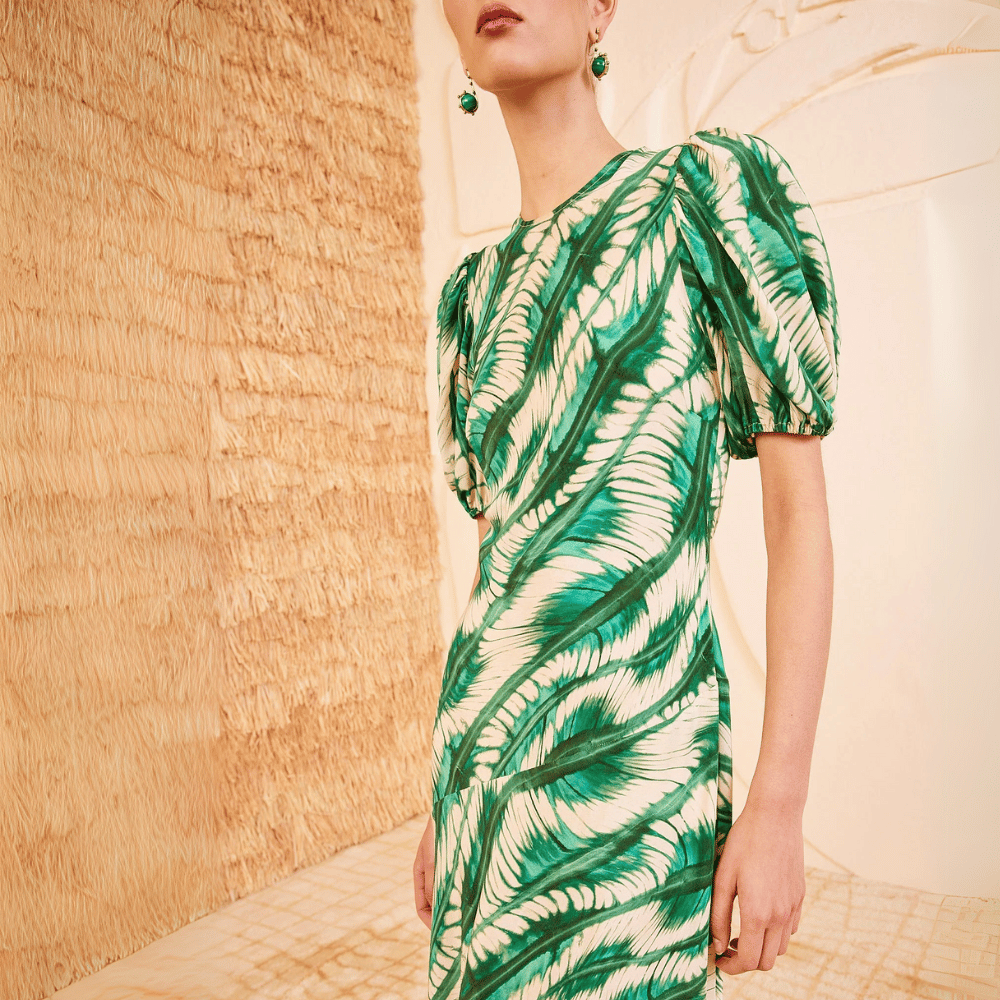 Ulla Johnson Ines Puff Sleeve Round Neck Midi Dress in Green and Cream Shibori Wave Print ULLA JOHNSON Designer fashion shop online and in store High End fashion boutique Sydney Australia Riada Concept
