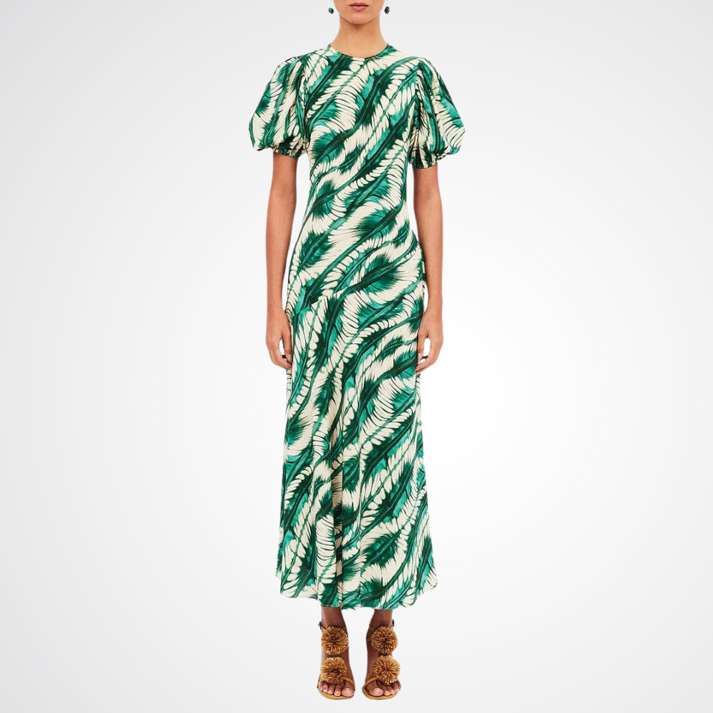 Ulla Johnson Ines Puff Sleeve Round Neck Midi Dress in Green and Cream Shibori Wave Print ULLA JOHNSON Designer fashion shop online and in store High End fashion boutique Sydney Australia Riada Concept