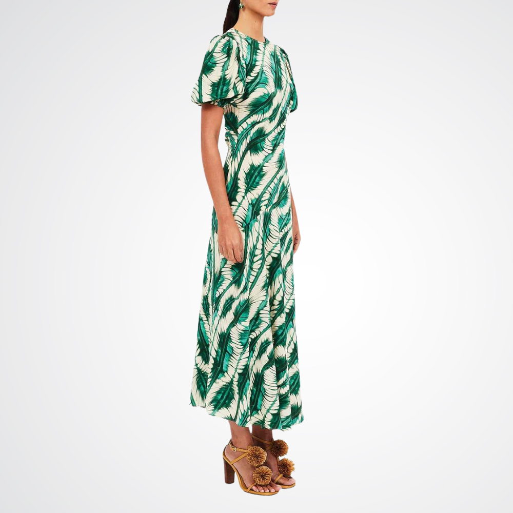 Ulla Johnson Ines Puff Sleeve Round Neck Midi Dress in Green and Cream Shibori Wave Print ULLA JOHNSON Designer fashion shop online and in store High End fashion boutique Sydney Australia Riada Concept