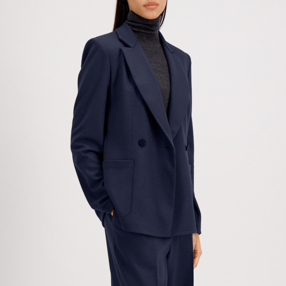 Harris Wharf London Tailored Hip Length Double-Breasted Padded-Shoulder Blazer in Navy Blue HARRIS WHARF LONDON Designer fashion shop online and in store High End fashion boutique Sydney Australia Riada Concept