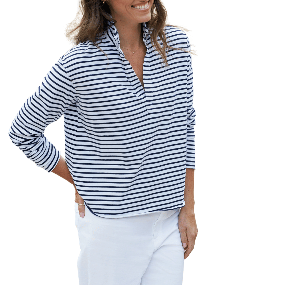 Frank & Eileen Patrick Popover Henley in Navy White Stripe Shop Frank & Eileen online in Australia at Riada Concept – official stockist of Frank & Eileen shirts, dresses, and linen pants. Discover timeless, premium women's fashion with fast shipping from Sydney.