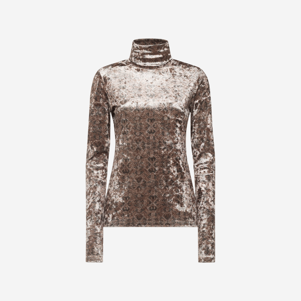 Pierre-Louis Mascia Ranat Polyester Turtleneck Top in Bronze Geometric Print Shop PIERRE LOUIS MASCIA designer fashion online or in-store at Riada Concept, Sydney’s high-end fashion boutique in Australia.