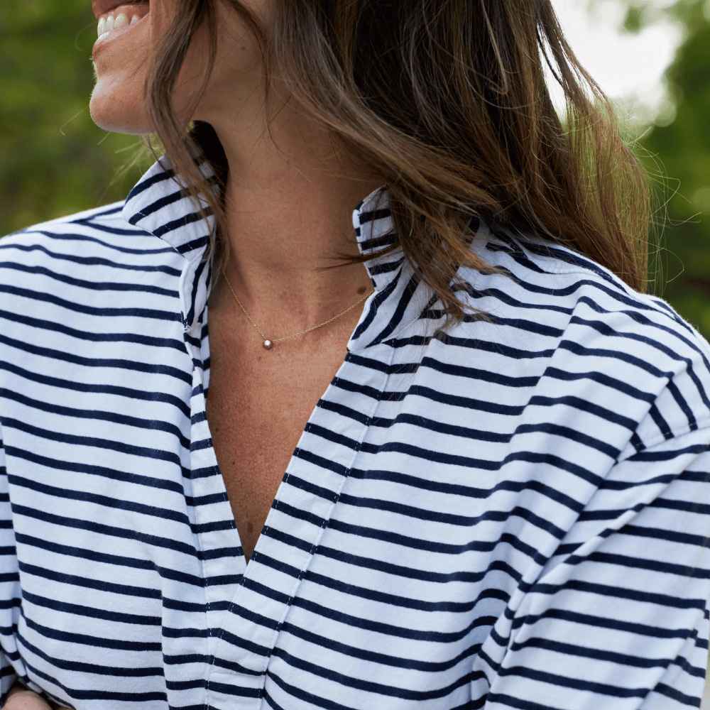 Frank & Eileen Patrick Popover Henley in Navy White Stripe Shop Frank & Eileen online in Australia at Riada Concept – official stockist of Frank & Eileen shirts, dresses, and linen pants. Discover timeless, premium women's fashion with fast shipping from Sydney.