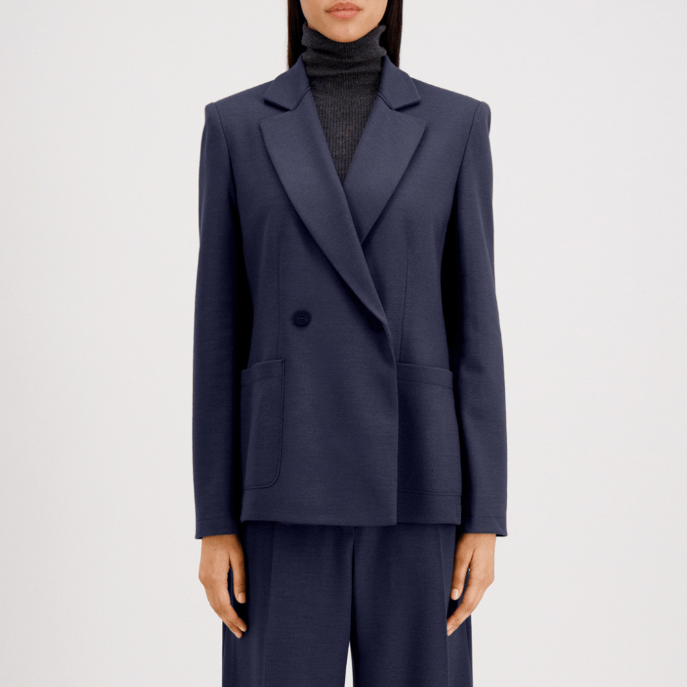 Harris Wharf London Tailored Hip Length Double-Breasted Padded-Shoulder Blazer in Navy Blue HARRIS WHARF LONDON Designer fashion shop online and in store High End fashion boutique Sydney Australia Riada Concept