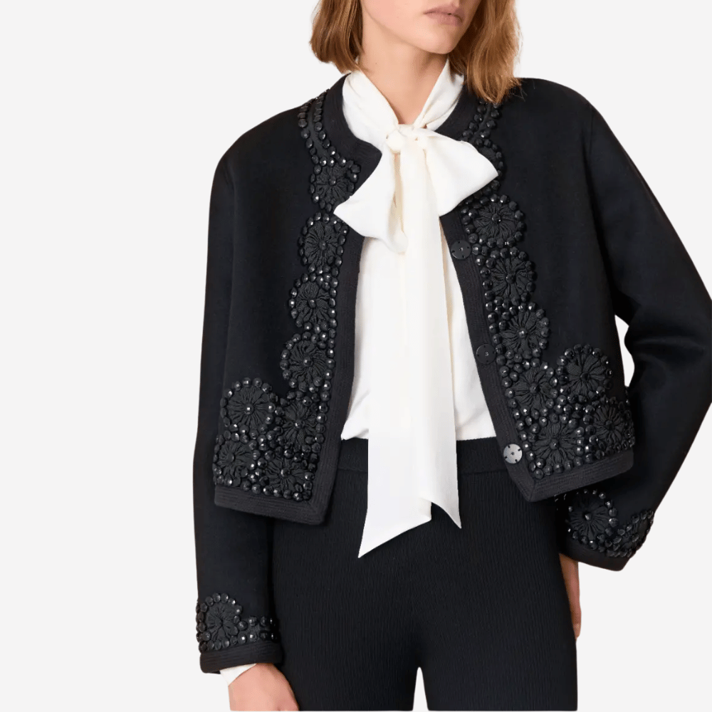 P.A.R.O.S.H. Cropped Embellished Wool Jacket in Black – International designer fashion boutique Australia Riada Concept Woollahra