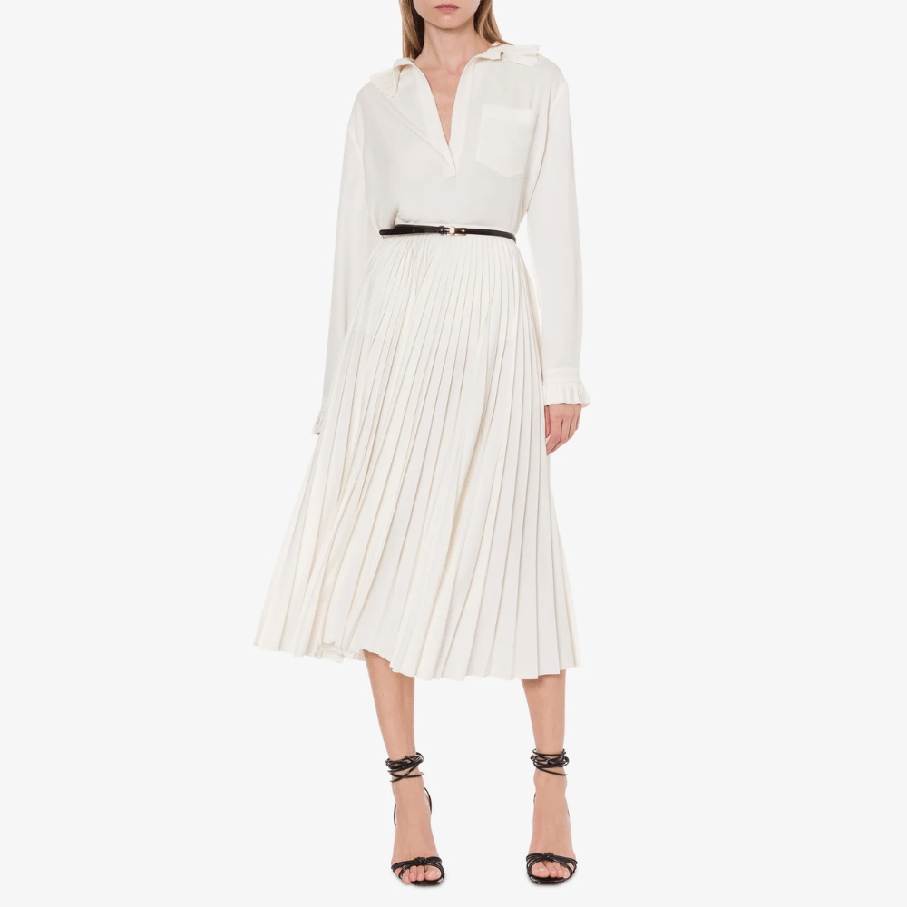Philosophy di Lorenzo Serafini Ivory Crêpe Fluid Pleated Longuette Skirt with soleil pleats — Italian luxury skirt available at Riada Concept Australia