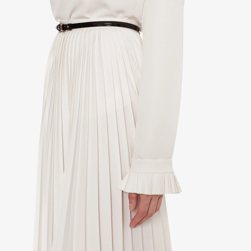 Philosophy di Lorenzo Serafini Ivory Crêpe Fluid Pleated Longuette Skirt with soleil pleats — Italian luxury skirt available at Riada Concept Australia