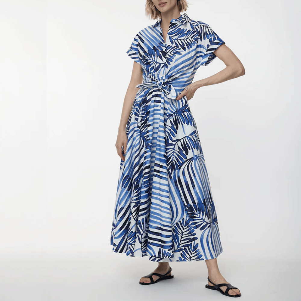 Sara Roka Drareen Tied Waist Shirt Dress in Indigo Deco Stripes – International designer fashion boutique Australia Riada Concept Woollahra