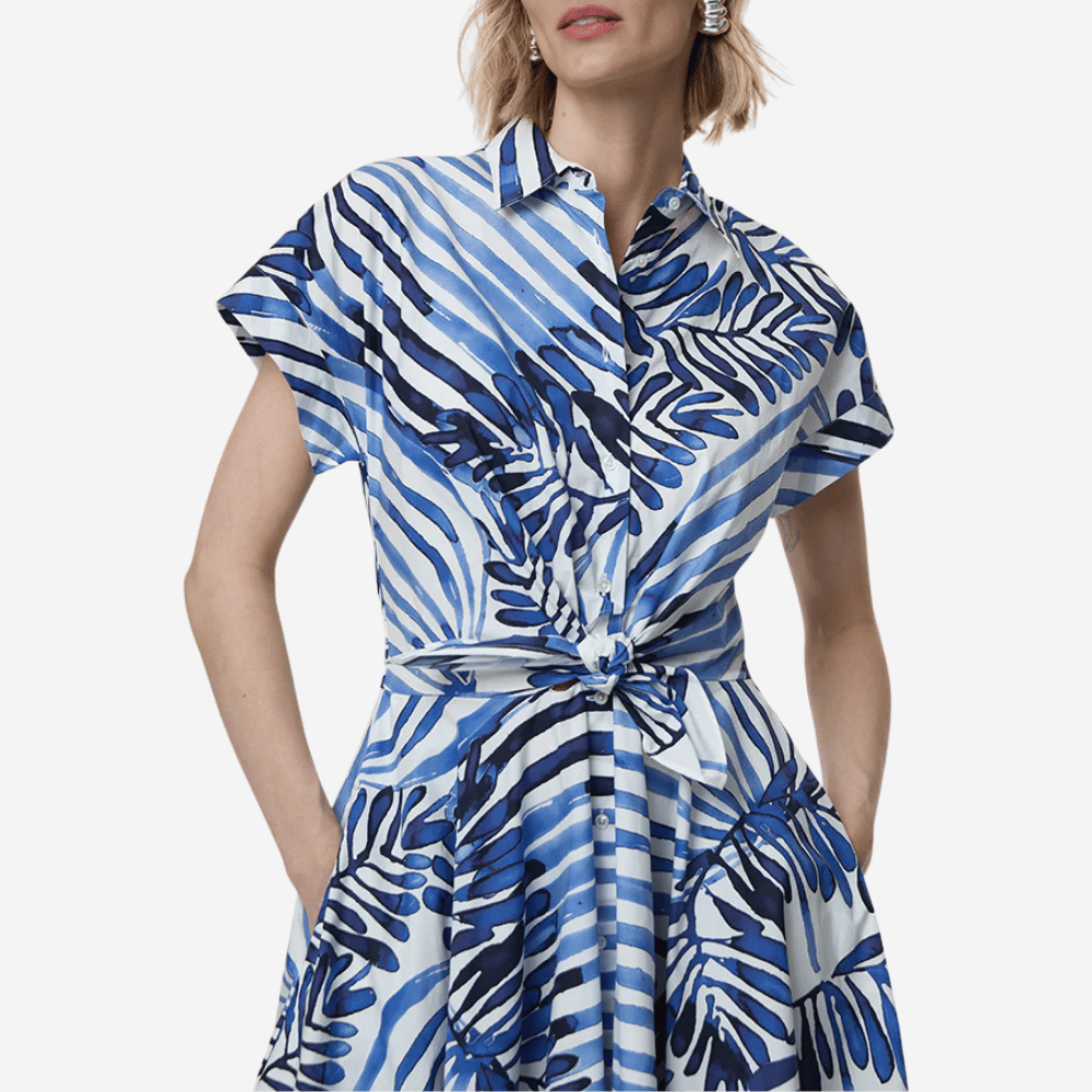 Sara Roka Drareen Tied Waist Shirt Dress in Indigo Deco Stripes – International designer fashion boutique Australia Riada Concept Woollahra