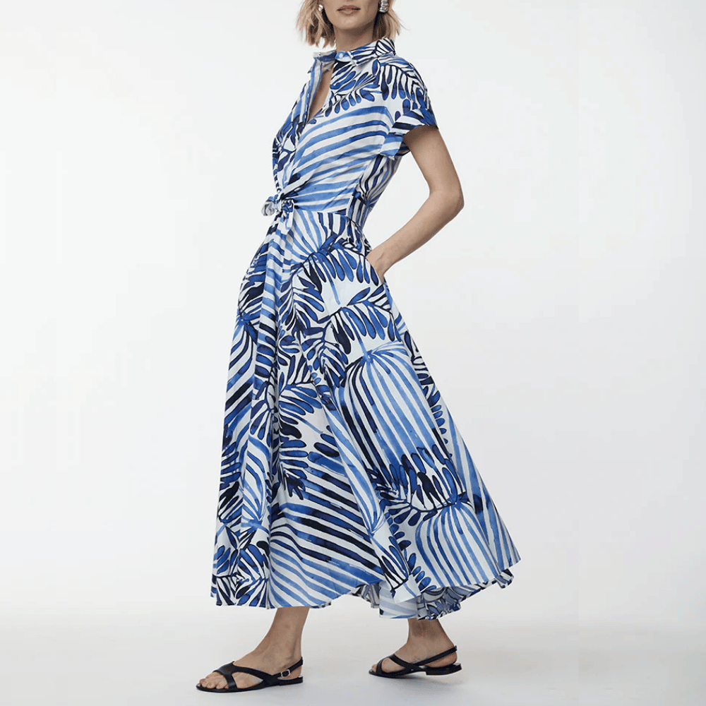 Sara Roka Drareen Tied Waist Shirt Dress in Indigo Deco Stripes – International designer fashion boutique Australia Riada Concept Woollahra