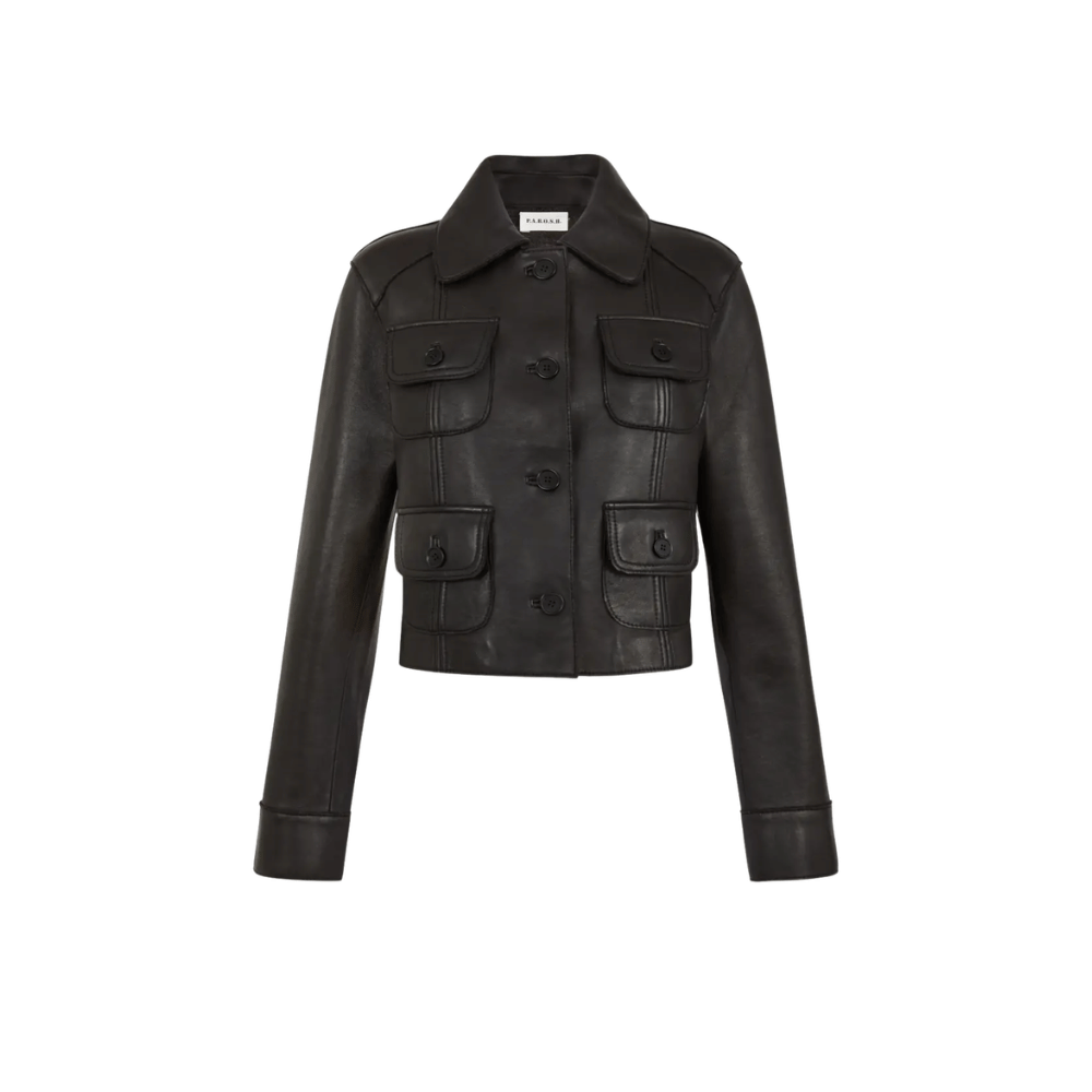 P.A.R.O.S.H. Cropped Lamb Leather Utility Jacket in Black – Riada