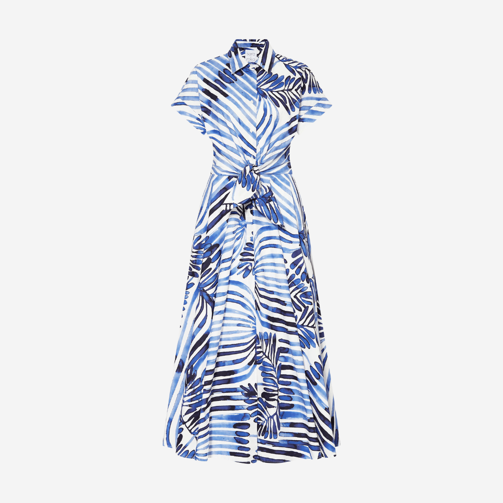 Sara Roka Drareen Tied Waist Shirt Dress in Indigo Deco Stripes – International designer fashion boutique Australia Riada Concept Woollahra