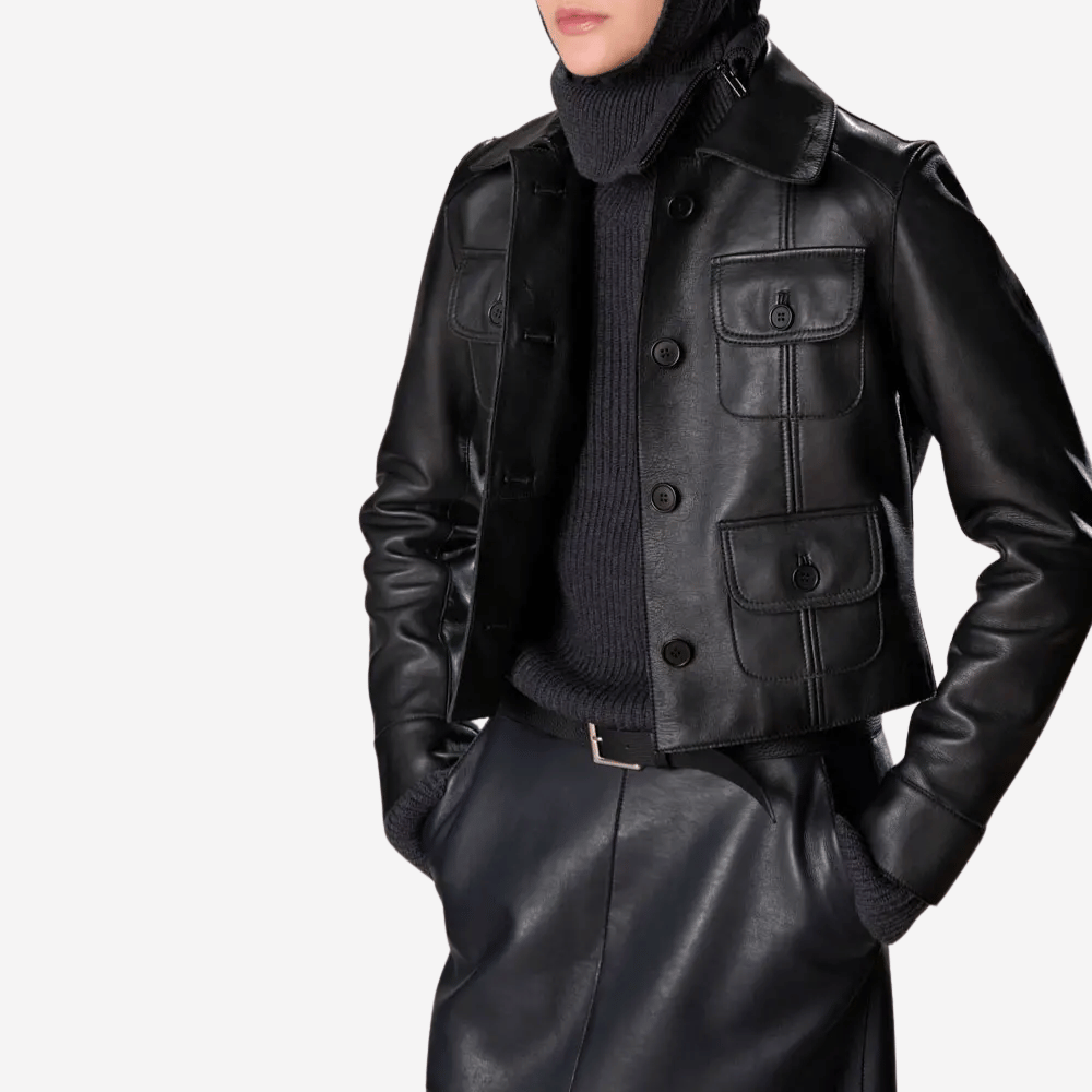 P.A.R.O.S.H. Cropped Lamb Leather Utility Jacket in Black – International designer fashion boutique Australia Riada Concept Woollahra