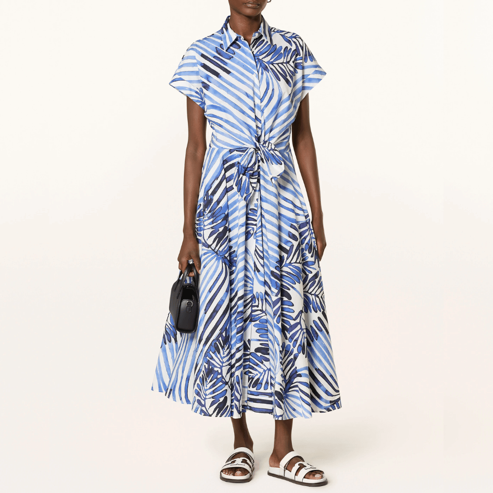 Sara Roka Drareen Tied Waist Shirt Dress in Indigo Deco Stripes – International designer fashion boutique Australia Riada Concept Woollahra