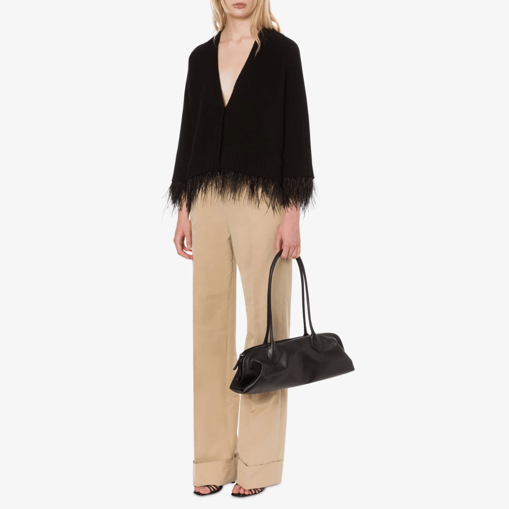 Philosophy di Lorenzo Serafini Recycled Cashmere Feather Trim Cardigan in Black, luxury Italian knitwear with tonal feather-trimmed hemline, available at Riada Concept Australia