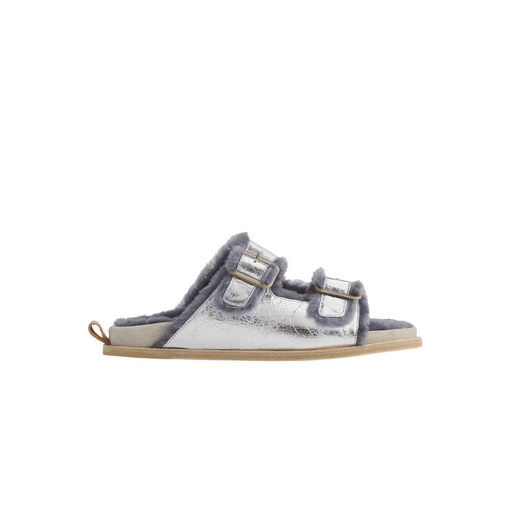 Forte Forte Craquelé Lamé Buckled Leather Sandals with Shearling Lining in Silver FORTE FORTE Designer fashion shop online and in store High End fashion boutique Sydney Australia Riada Concept