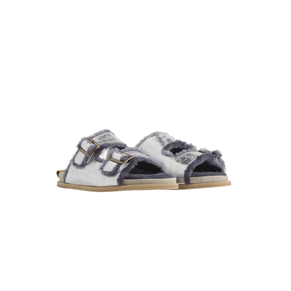 Forte Forte Craquelé Lamé Buckled Leather Sandals with Shearling Lining in Silver FORTE FORTE Designer fashion shop online and in store High End fashion boutique Sydney Australia Riada Concept