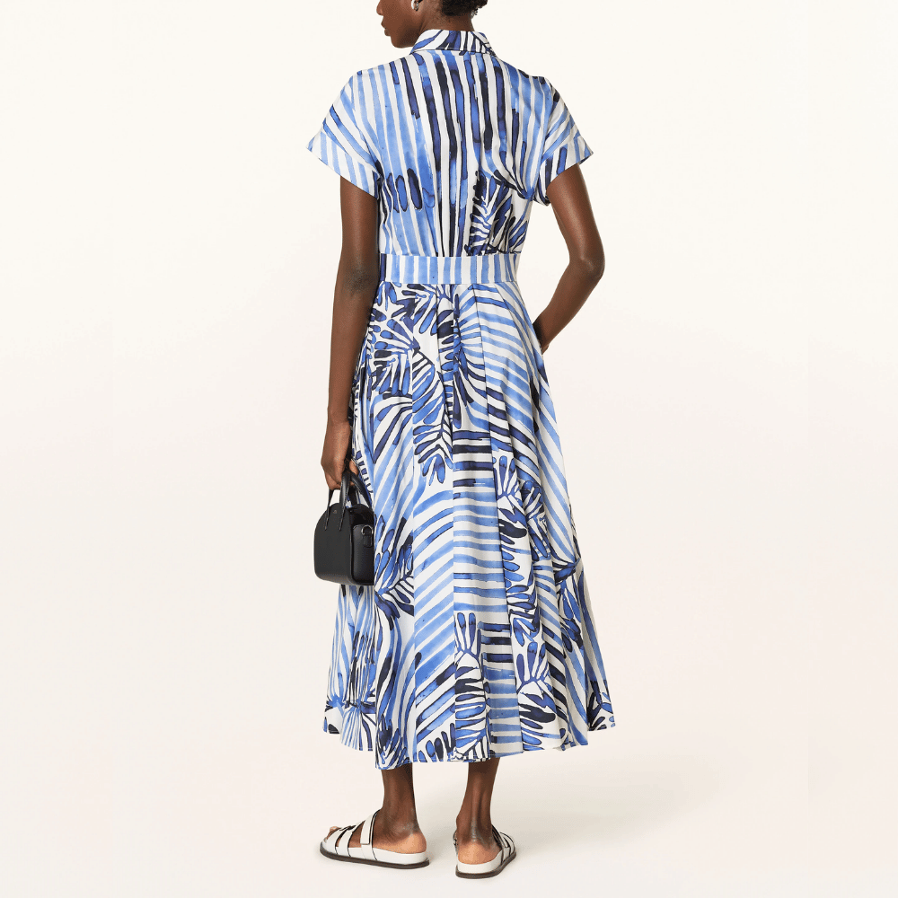 Sara Roka Drareen Tied Waist Shirt Dress in Indigo Deco Stripes – International designer fashion boutique Australia Riada Concept Woollahra
