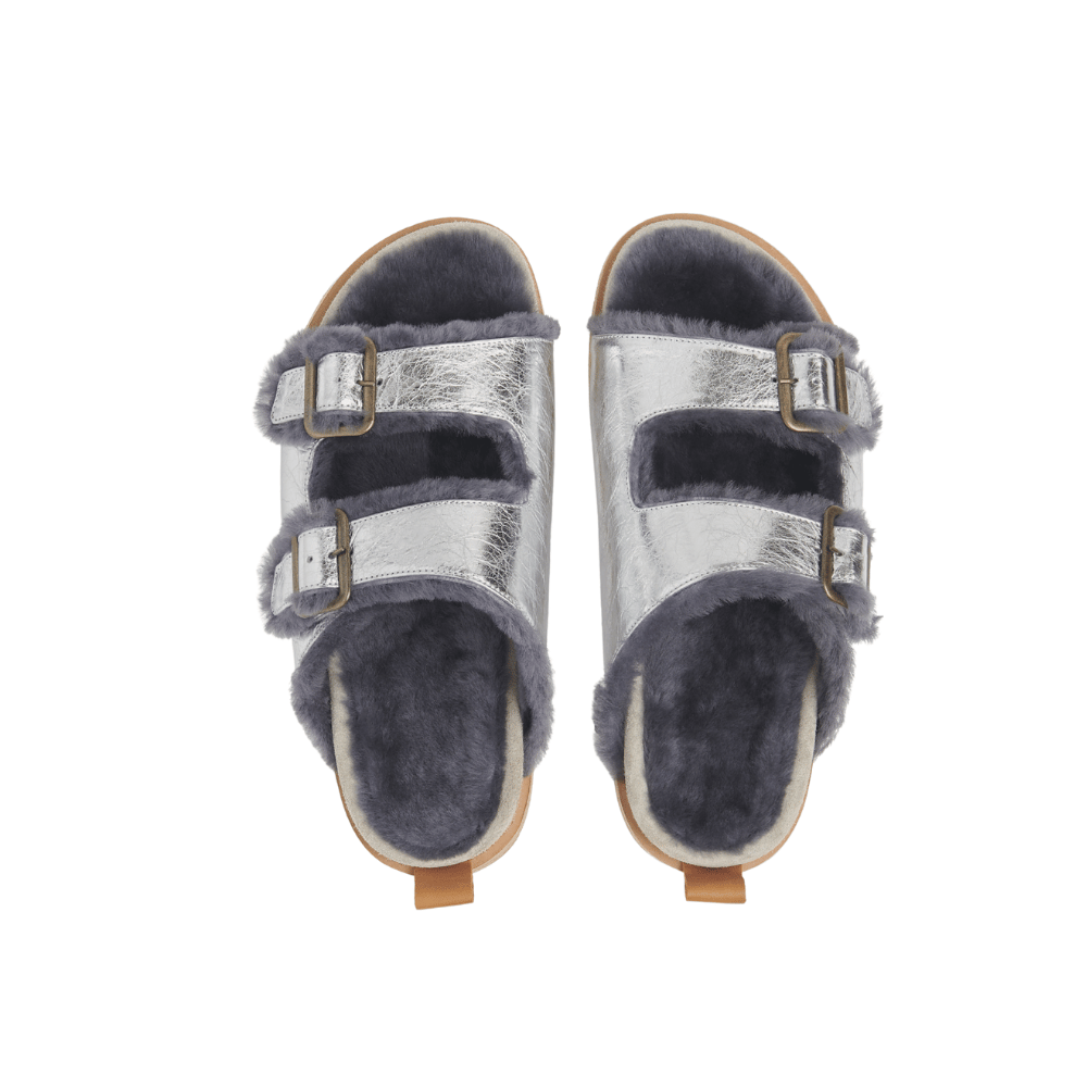 Forte Forte Craquelé Lamé Buckled Leather Sandals with Shearling Lining in Silver FORTE FORTE Designer fashion shop online and in store High End fashion boutique Sydney Australia Riada Concept