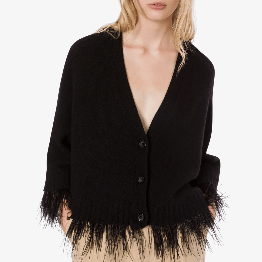 Philosophy di Lorenzo Serafini Recycled Cashmere Feather Trim Cardigan in Black, luxury Italian knitwear with tonal feather-trimmed hemline, available at Riada Concept Australia