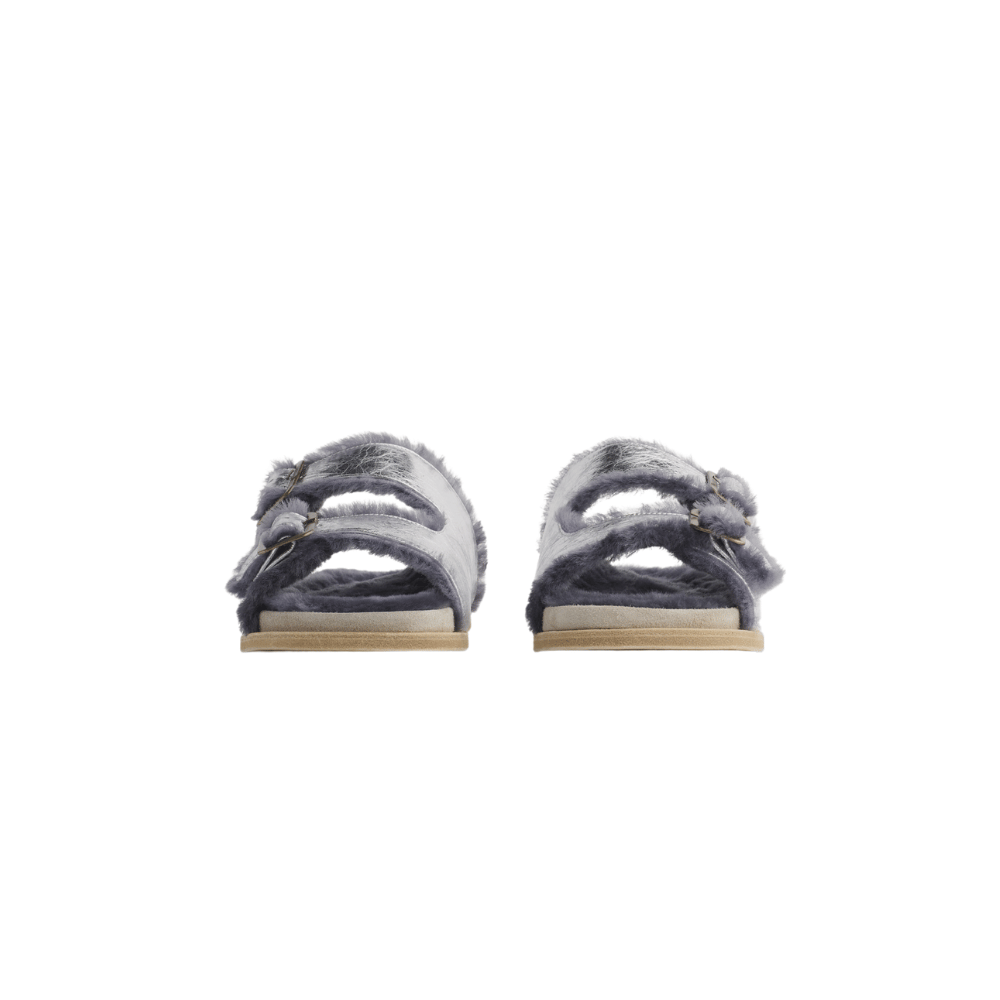 Forte Forte Craquelé Lamé Buckled Leather Sandals with Shearling Lining in Silver FORTE FORTE Designer fashion shop online and in store High End fashion boutique Sydney Australia Riada Concept