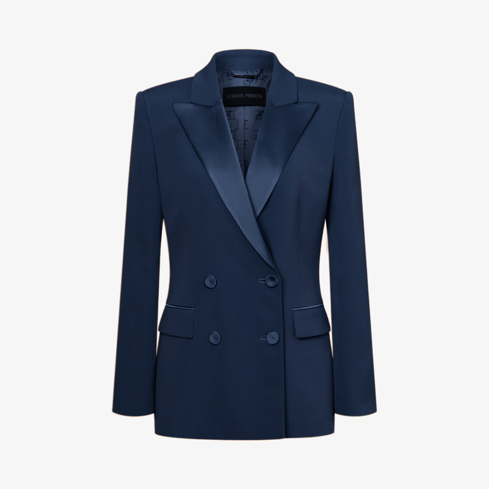 Alberta Ferretti Double-Breasted Enver Satin Jacket with Satin Trim in Navy Alberta Ferretti Australia Stockist Australia Online Riada Concept Luxury Fashion Boutique