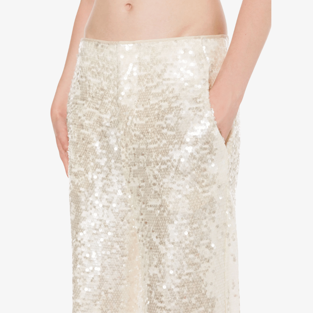 Philosophy di Lorenzo Serafini Sequinned Wide-Leg Trousers in Ivory-Gold with all-over sequin embellishment, Italian luxury evening trousers available at Riada Concept Australia