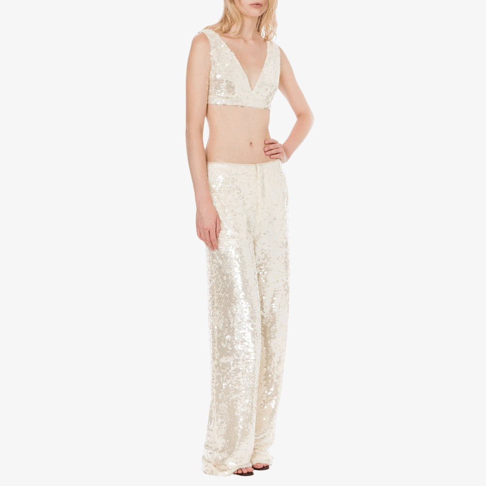 Philosophy di Lorenzo Serafini Sequinned Wide-Leg Trousers in Ivory-Gold with all-over sequin embellishment, Italian luxury evening trousers available at Riada Concept Australia