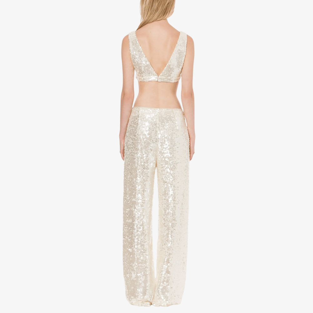 Philosophy di Lorenzo Serafini Sequinned Wide-Leg Trousers in Ivory-Gold with all-over sequin embellishment, Italian luxury evening trousers available at Riada Concept Australia