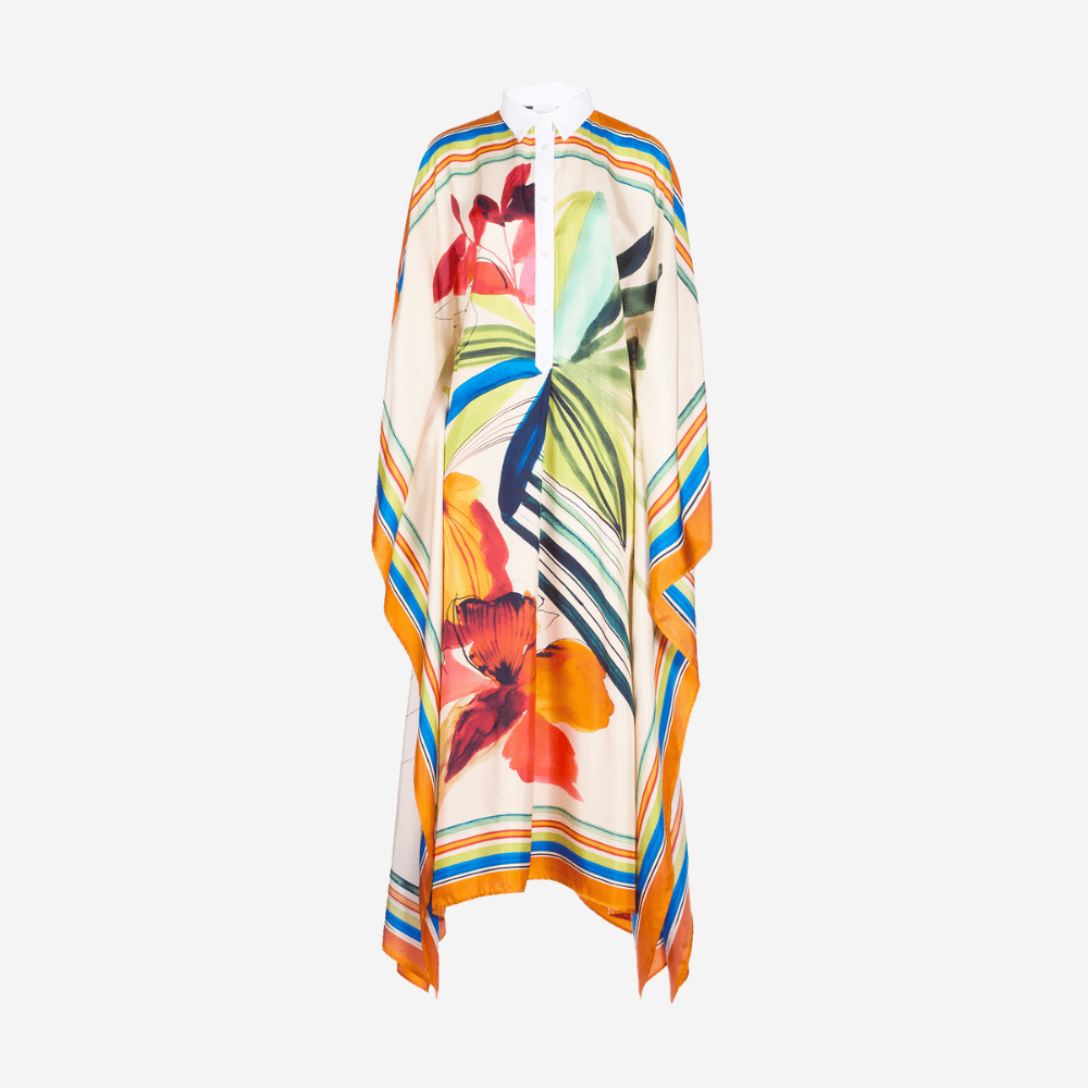 Sara Roka Kafka Silk Caftan in Multicolour Hibiscus Print – International designer fashion boutique Australia Riada Concept Woollahra