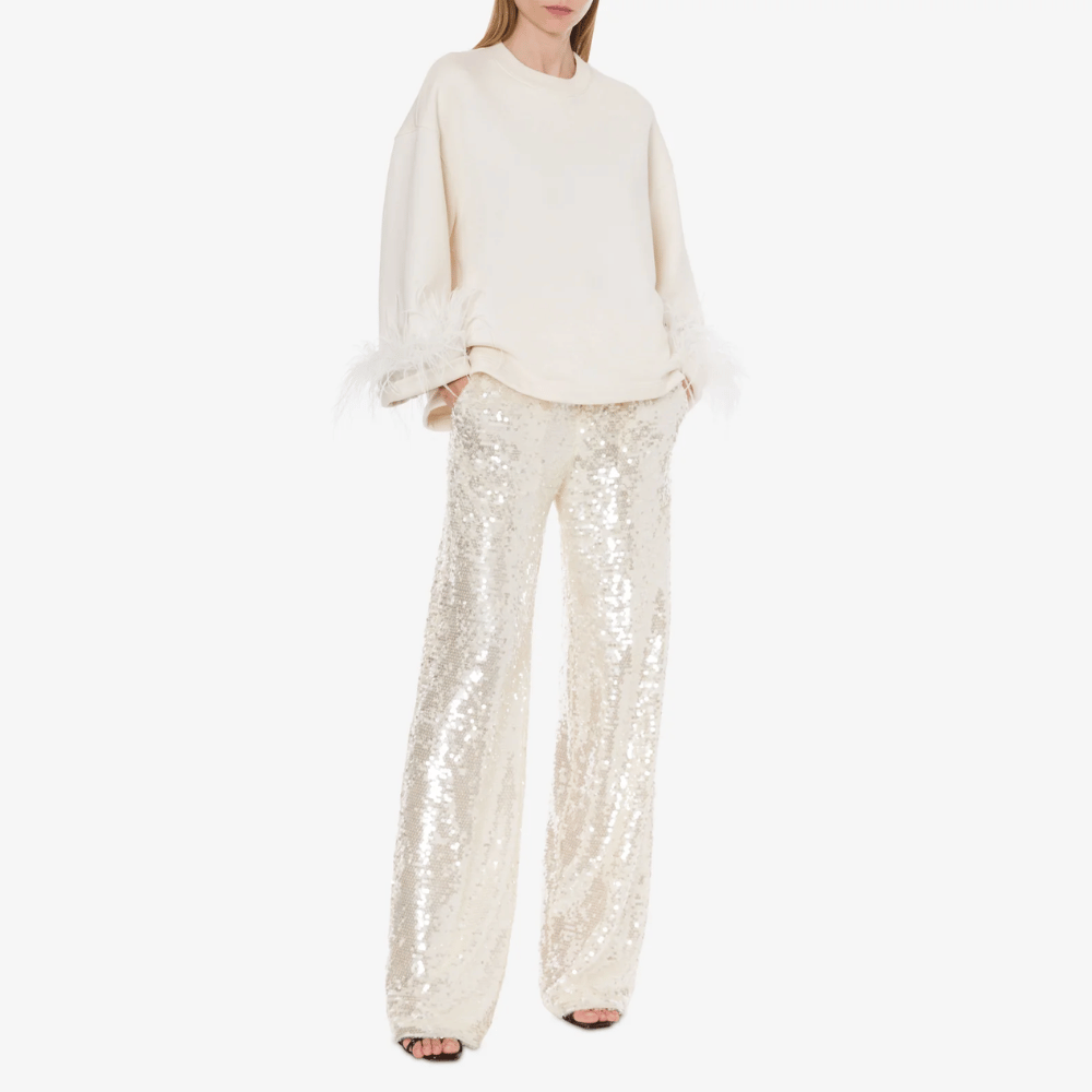 Philosophy di Lorenzo Serafini Sequinned Wide-Leg Trousers in Ivory-Gold with all-over sequin embellishment, Italian luxury evening trousers available at Riada Concept Australia