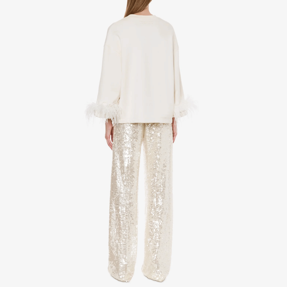 Philosophy di Lorenzo Serafini Detachable Feather Sleeve Sweatshirt in Ivory – luxury Italian recycled cotton sweatshirt with removable feather sleeves, available at Riada Concept Australia