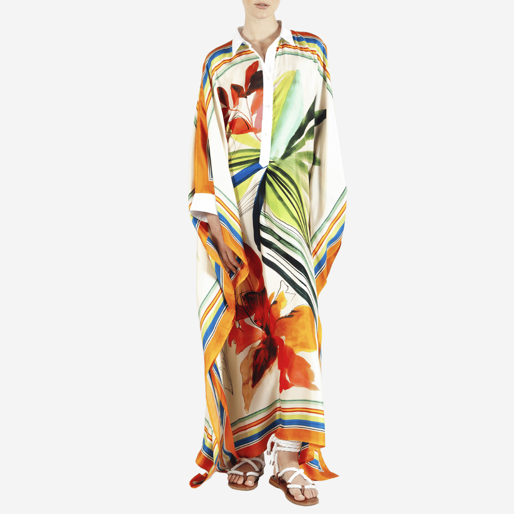 Sara Roka Kafka Silk Caftan in Multicolour Hibiscus Print – International designer fashion boutique Australia Riada Concept Woollahra