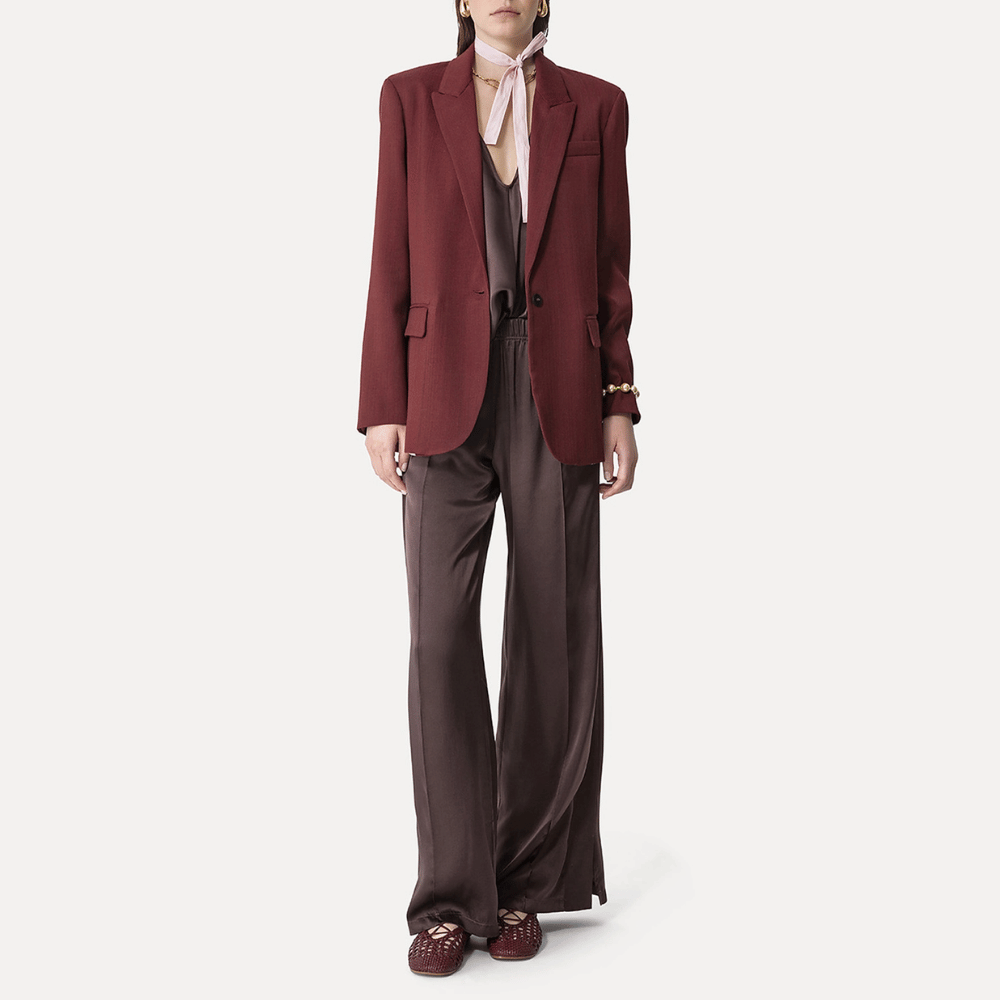 Forte Forte Wide-Leg Silk Satin Jogging Pants in Dark Brown FORTE FORTE Designer fashion shop online and in store High End fashion boutique Sydney Australia Riada Concept