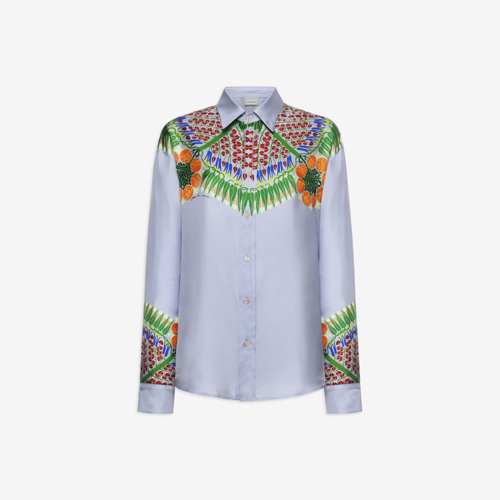 Pierre-Louis Mascia Aloebio Silk Long Sleeve Shirt in Light Blue with Botanical Motif Shop PIERRE LOUIS MASCIA designer fashion online or in-store at Riada Concept, Sydney’s high-end fashion boutique in Australia.