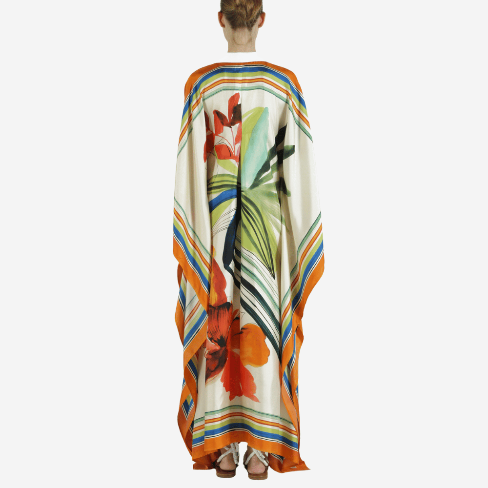 Sara Roka Kafka Silk Caftan in Multicolour Hibiscus Print – International designer fashion boutique Australia Riada Concept Woollahra