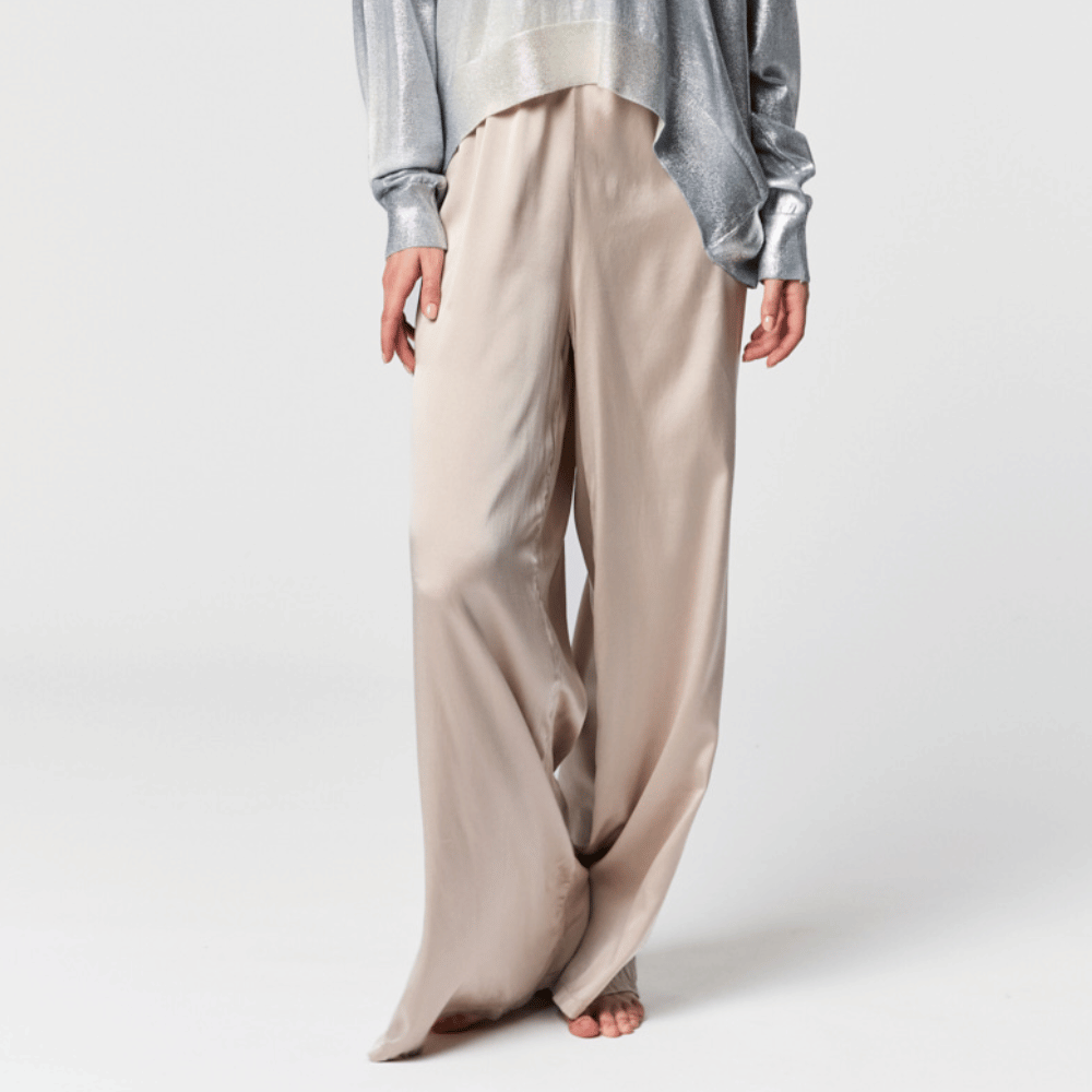 Avant Toi Frosted Effect Stretch Silk Palazzo Pant in Beige Avant Toi Luxury knitwear stockist Australia Riada Concept online Sydney Designer fashion shop online and in store High End fashion boutique Sydney Australia Riada Concept