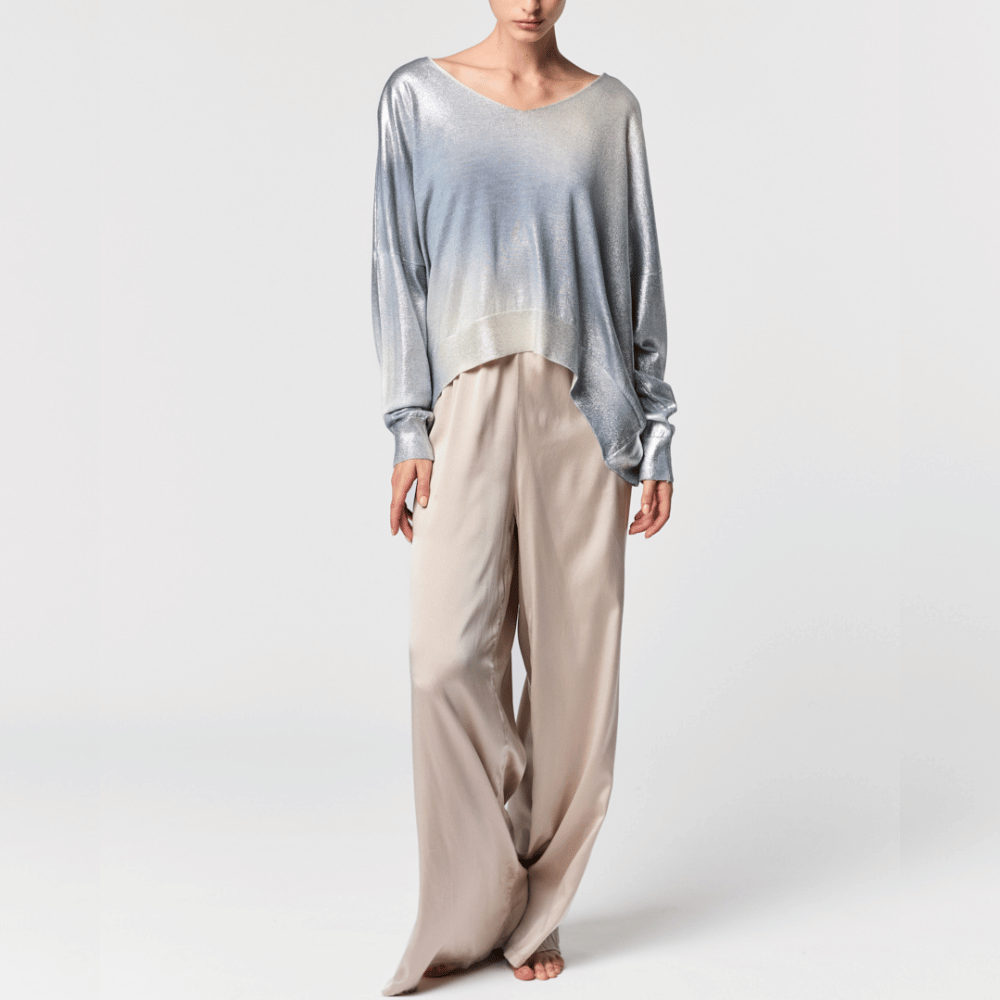 Avant Toi Frosted Effect Stretch Silk Palazzo Pant in Beige Avant Toi Luxury knitwear stockist Australia Riada Concept online Sydney Designer fashion shop online and in store High End fashion boutique Sydney Australia Riada Concept