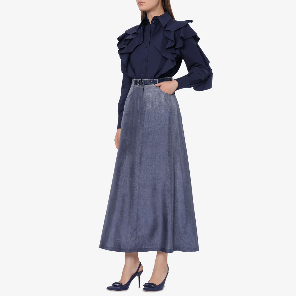 Alberta Ferretti Silk Habotai Skirt in Photographic Denim Print Alberta Ferretti Australia Stockist Australia Online Riada Concept Luxury Fashion Boutique