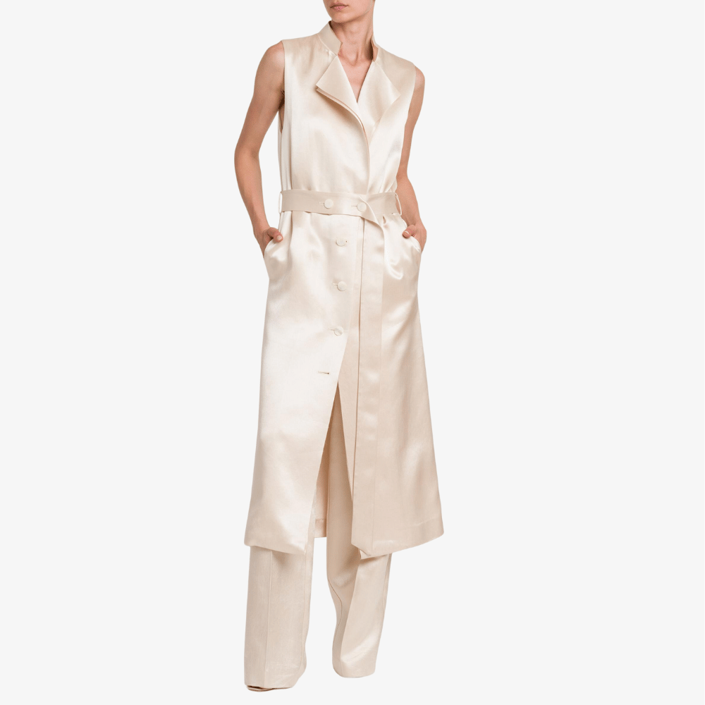 Philosophy di Lorenzo Serafini Longline Duchesse Satin Waistcoat in Ivory with double-breasted closure and notch lapels, international luxury tailoring at Riada Concept Australia
