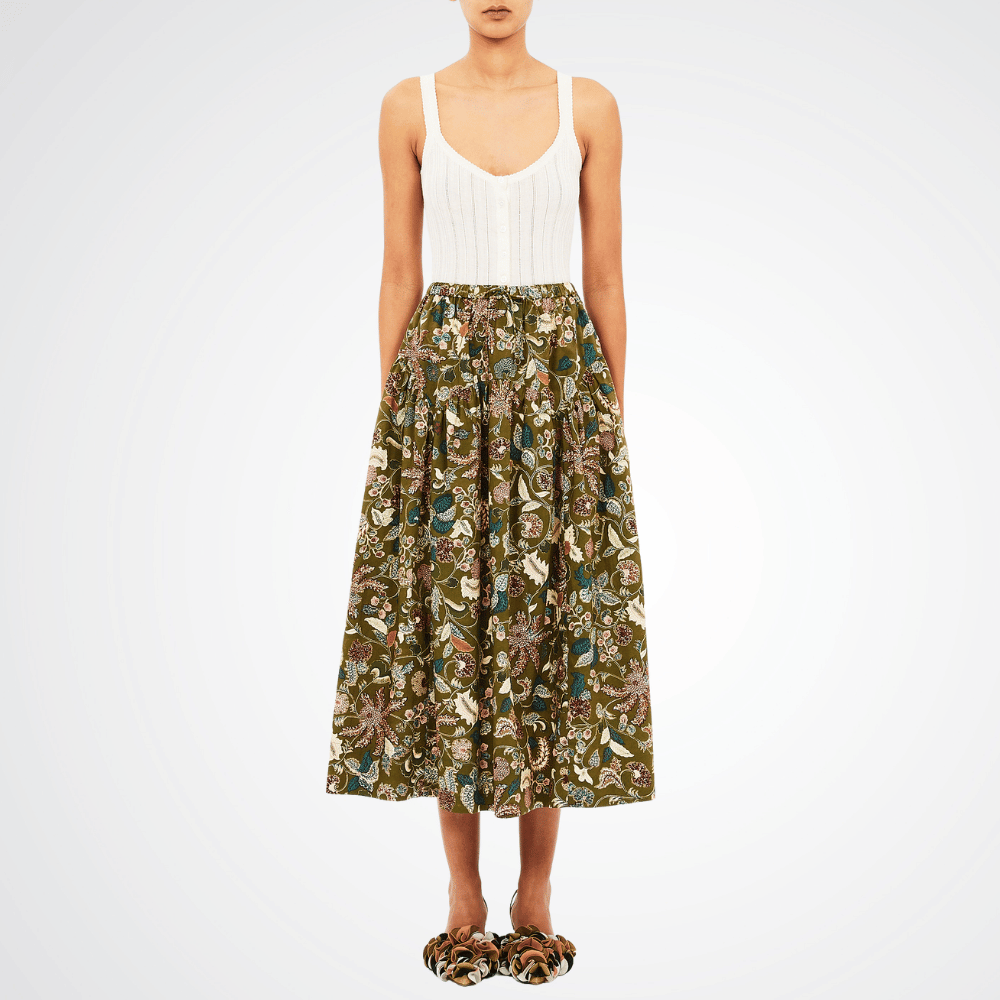 Ulla Johnson Rosen Tie Waist Pull-On Skirt in Lichen Green Print ULLA JOHNSON Designer fashion shop online and in store High End fashion boutique Sydney Australia Riada Concept
