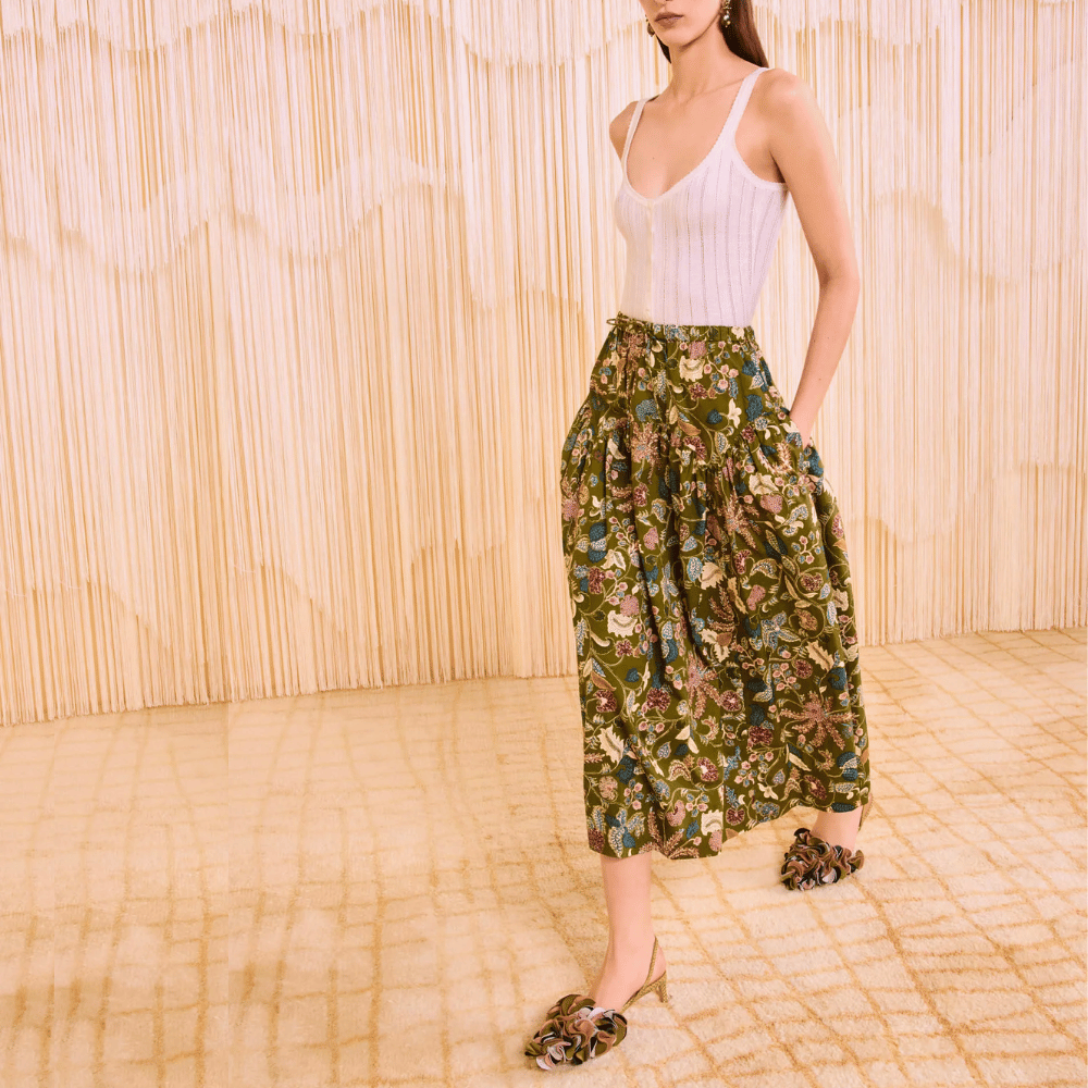 Ulla Johnson Rosen Tie Waist Pull-On Skirt in Lichen Green Print ULLA JOHNSON Designer fashion shop online and in store High End fashion boutique Sydney Australia Riada Concept