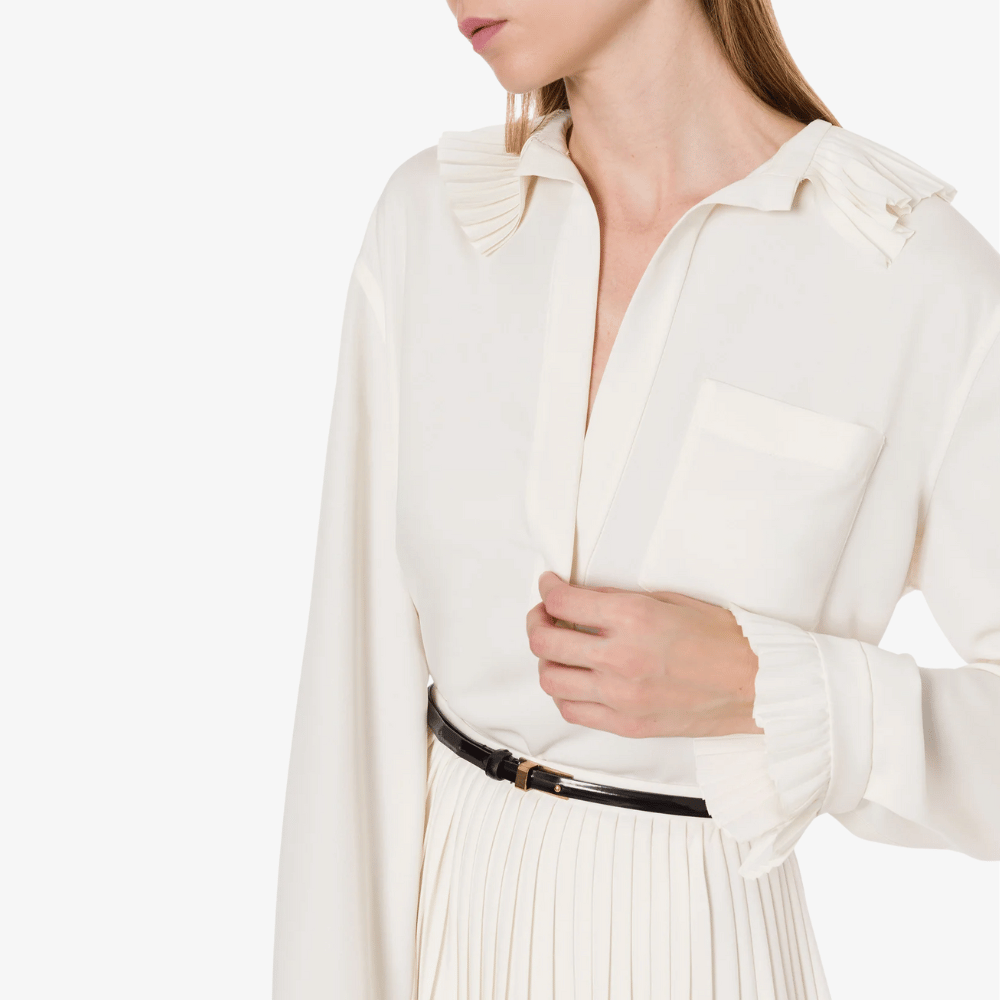 Philosophy di Lorenzo Serafini Oversized Crêpe Shirt with Ruffled Collar in Ivory, romantic oversized Italian womenswear available at Riada Concept Australia