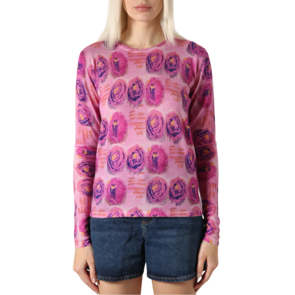 Crewneck cashmere silk knit in pink roses