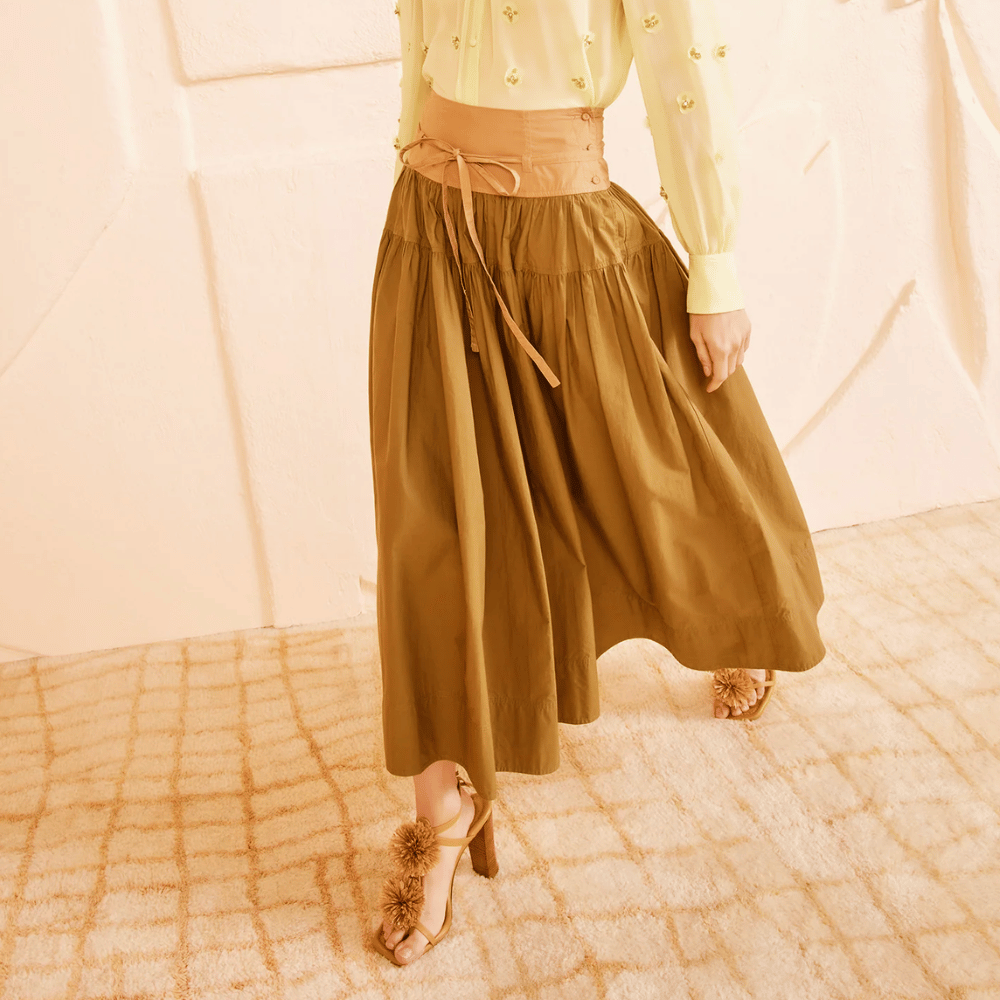 Ulla Johnson A Line Angeline Colorblock Maxi Skirt in Sahara ULLA JOHNSON Designer fashion shop online and in store High End fashion boutique Sydney Australia Riada Concept