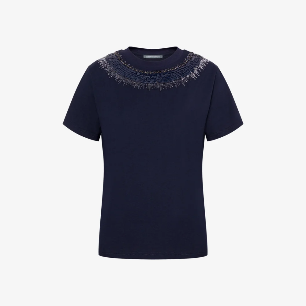 Alberta Ferretti Crystal Embellished Cotton Jersey T-Shirt in Navy Blue Alberta Ferretti Australia Stockist Australia Online Riada Concept Luxury Fashion Boutique