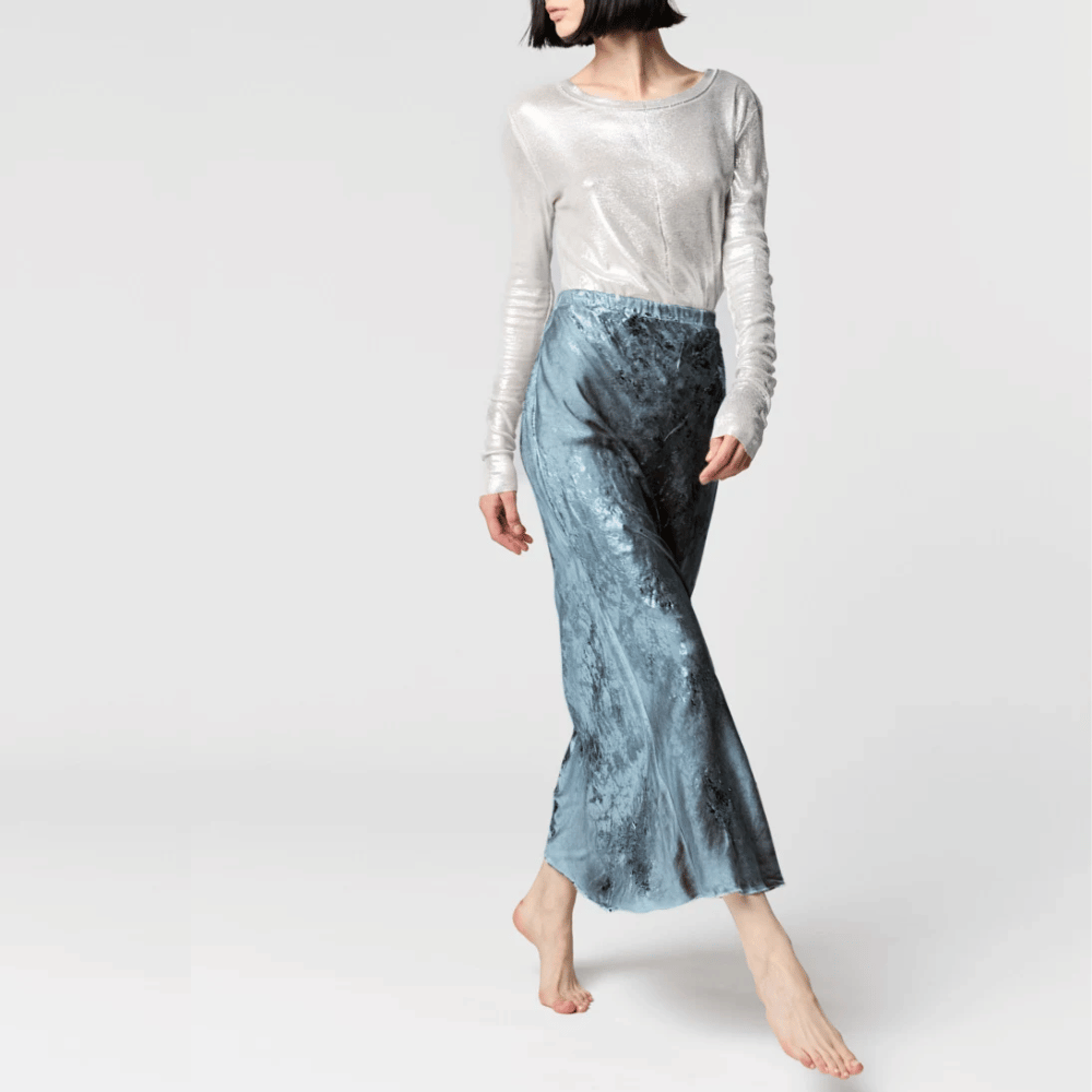Avant Toi Marble Lamination Effect Stretch Silk Long Skirt in Titanium Blue 225SD2232SSTVL-M Avant Toi Luxury knitwear stockist Australia Riada Concept online Sydney Designer fashion shop online and in store High End fashion boutique Sydney Australia Riada Concept